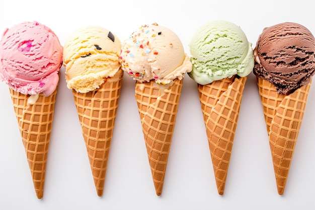 Multicolored ice cream in a cone closeup and copy space