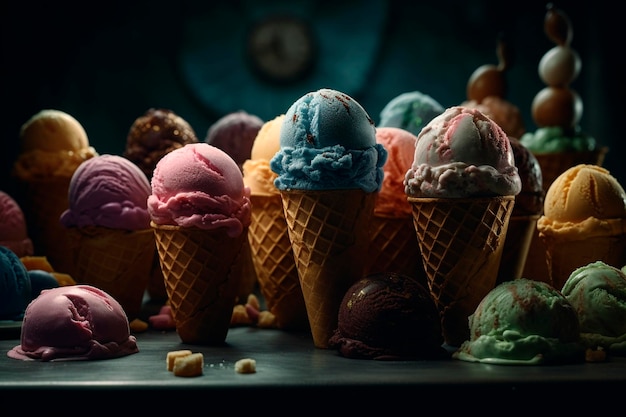 Multicolored ice cream on the table Generative AI