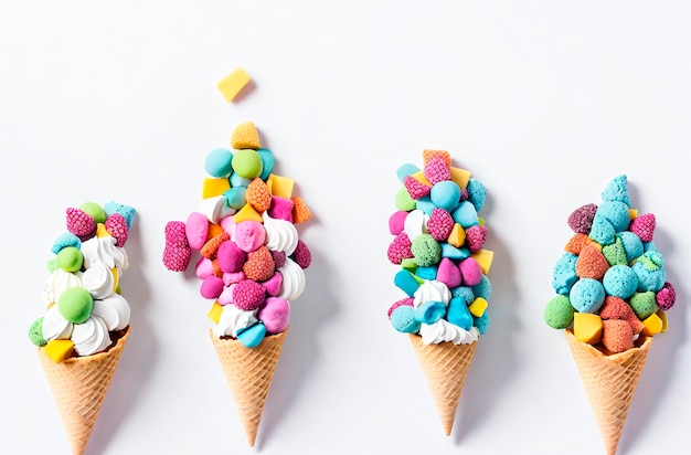 Multicolored ice cream in a waffle cone with pieces of berries and fruits on a white background Generative AI