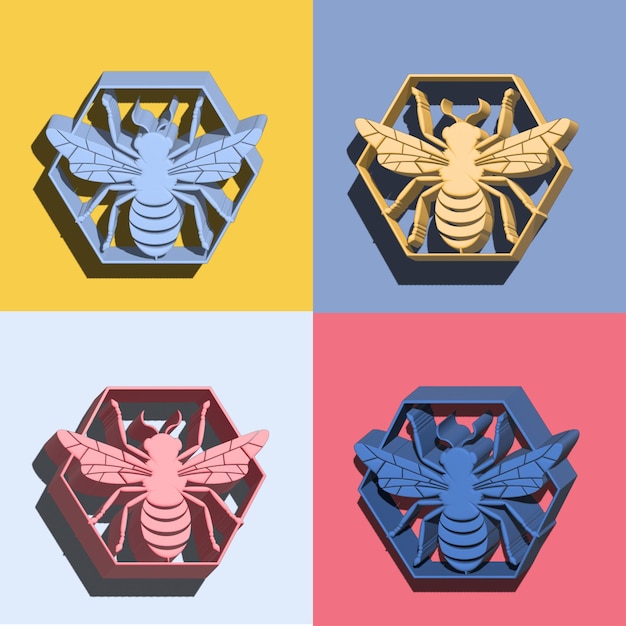 Multicolored icons with bees and honeycombs 3D illustration