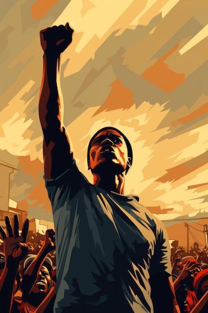 a multicolored illustration a african person raising a closed fist black history