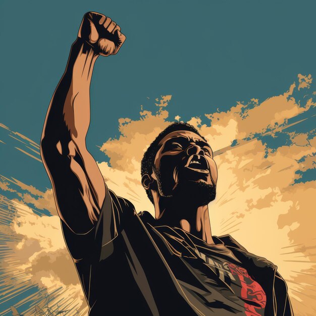 Photo a multicolored illustration a african person raising a closed fist black history