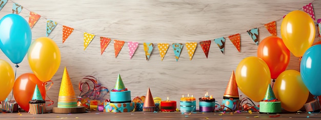 Multicolored inflatable balloons with cones and pennant banners hanging on wall