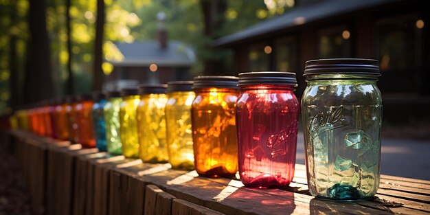 Multicolored jars in the park mockups for inscriptions