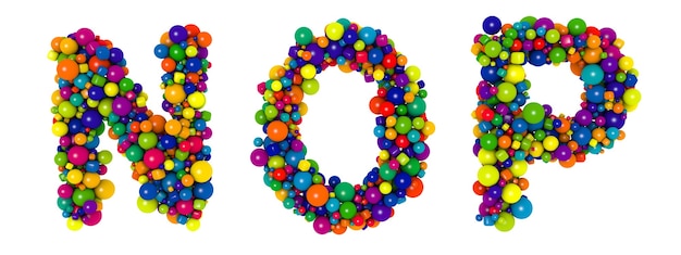 Multicolored letters N O P. Funny 3D illustration. Glossy multicolored decorative balls text.