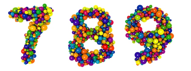 Multicolored letters number 7 8 9. Funny 3D illustration. Glossy multicolored decorative balls text.