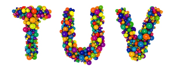 Photo multicolored letters t u v. funny 3d illustration. glossy multicolored decorative balls text.