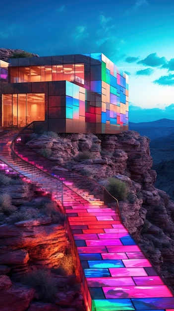 Photo multicolored lights in architecture ai generated