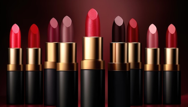 Multicolored lipsticks on a dark background in the style of advertising art