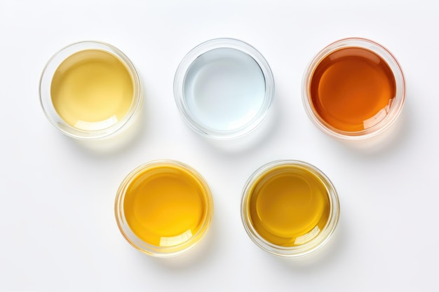 Multicolored liquids in bowls chemical concept