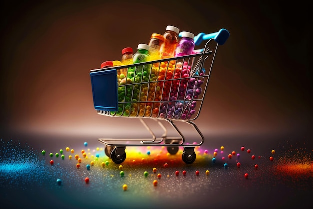 Multicolored living shopping cart with canned food and vegetable on blurred background