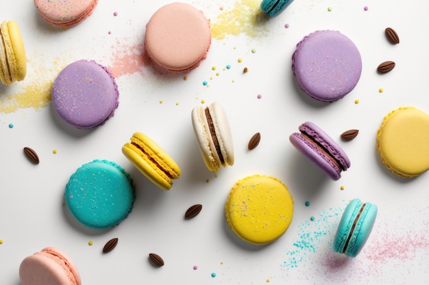 Multicolored macarons on a white background top view AI Generation