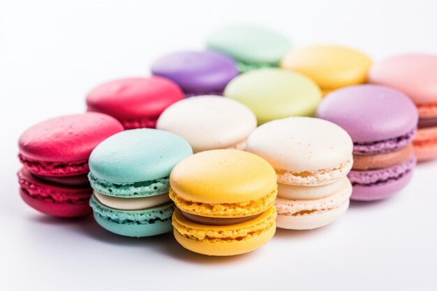 Multicolored macaroons spread out on a white table