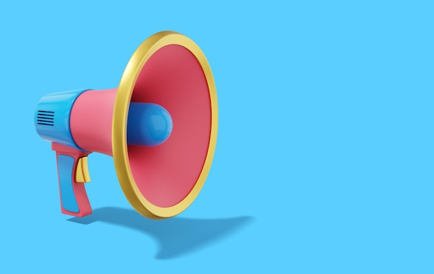 Multicolored megaphone on blue background with space for text Sound amplification device 3d rendering