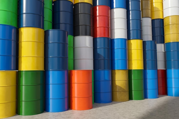 Photo multicolored metal barrels with oil and chemicals on the production site 3d render