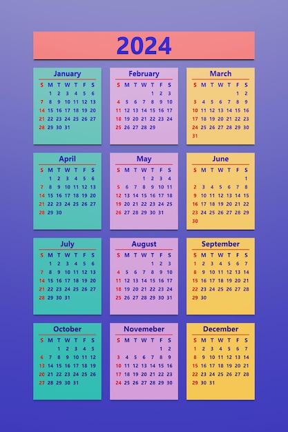 Multicolored monthly calendar template in minimalist style for 2024 Vertical printable calendar Set for 12 months Page with previous current and future month