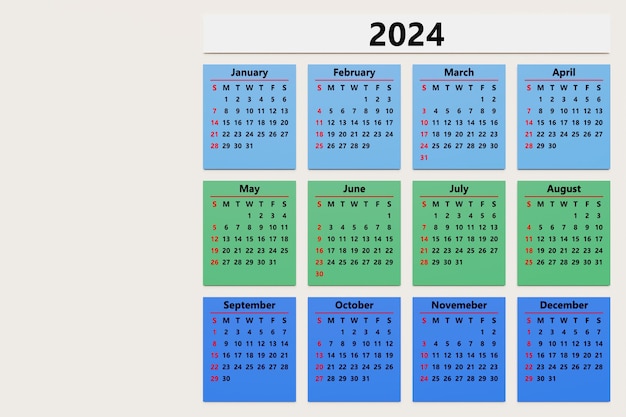 2024년 미니멀 스타일의 여러 가지 색상의 월별 달력 템플릿 세로로 인쇄 가능한 달력 12개월로 설정 이전 현재 및 미래 달이 포함된 페이지