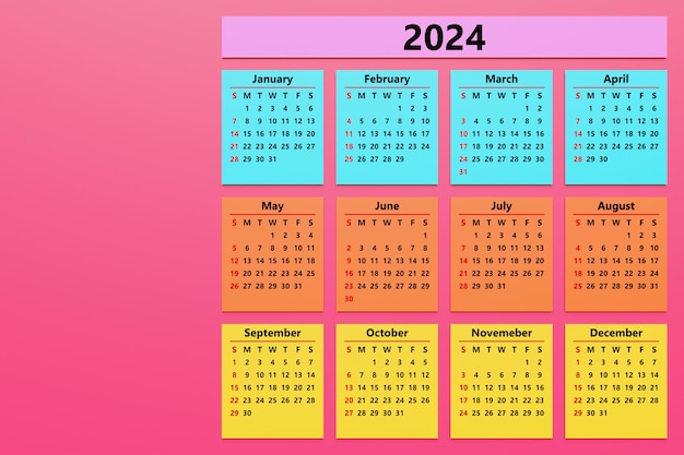 Foto modello di calendario mensile multicolore in stile minimalista per il 2024 calendario stampabile verticale impostato per 12 mesi pagina con il mese precedente, corrente e futuro
