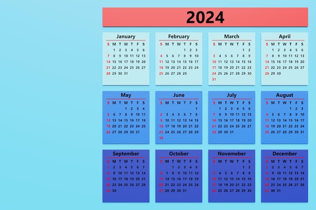 Foto modello di calendario mensile multicolore in stile minimalista per il 2024 calendario stampabile verticale set per 12 mesi pagina con il mese corrente precedente e futuro