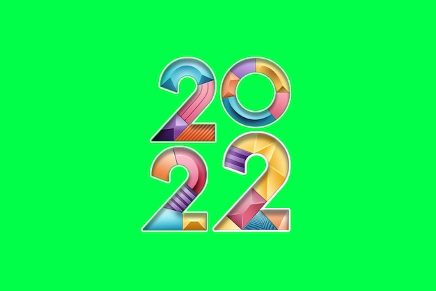 Multicolored, multicolored numbers 2022 on a green background,\
isolate. happy new year. modern design, template, header for the\
site, poster, new year\'s card, flyer. 3d illustration, 3d\
render.