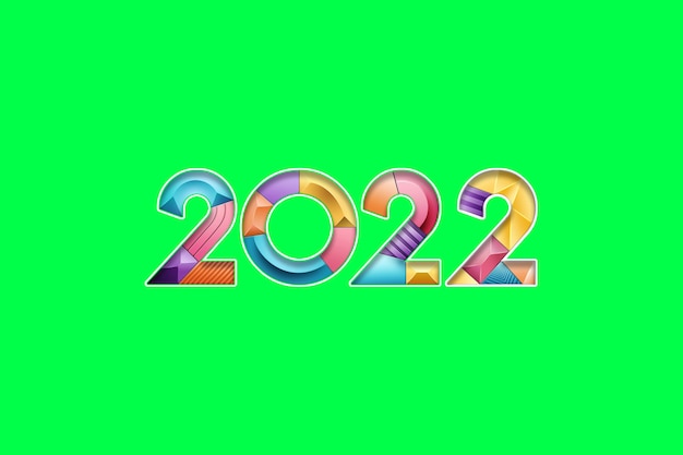 Multicolored, multicolored numbers 2022 on a green background, isolate. Happy New Year. Modern design, Template, header for the site, poster, New Year's card, flyer. 3D illustration, 3D render.