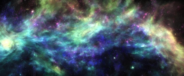 Multicolored nebula among stars in deep space