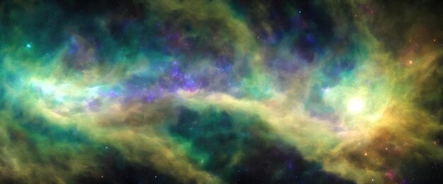 Multicolored nebula among stars in deep space