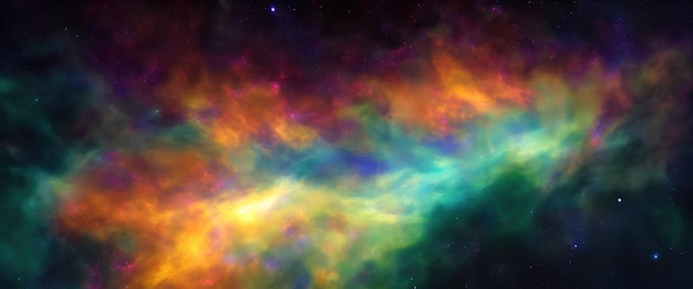 Multicolored nebula among stars in deep space