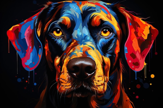 multicolored neon portrait of a Doberman looking forward in the style of pop art