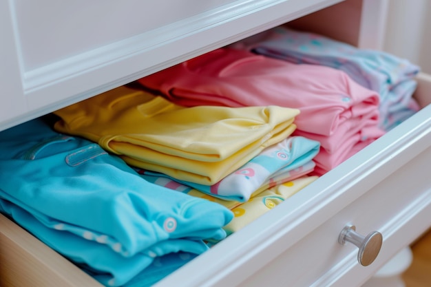 Multicolored onesies folded in a nursery drawer