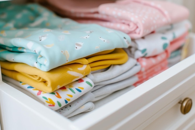 Multicolored onesies folded in a nursery drawer