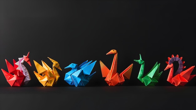 Photo multicolored origami figures against minimalist black background