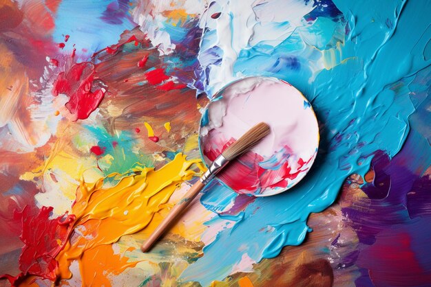 Multicolored paint palette on abstract colorful background