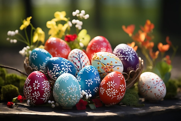 Photo multicolored painted eggs and flowers easter composition