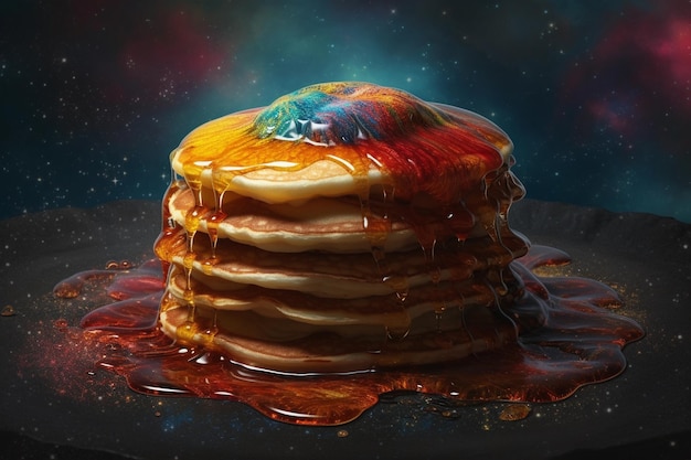 Multicolored pancakes covered in stardust syrup