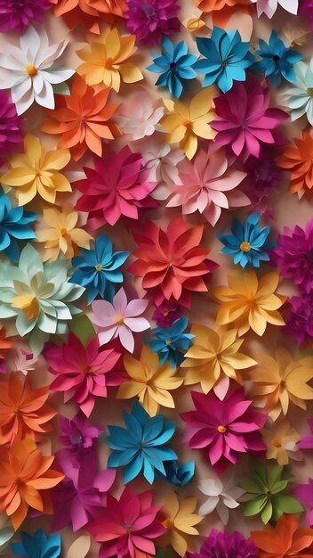 Multicolored paper spring flowers with copy space