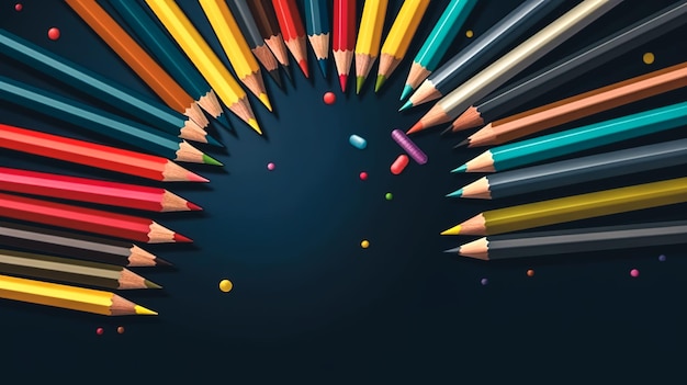 Multicolored pencils on a black background generative ai