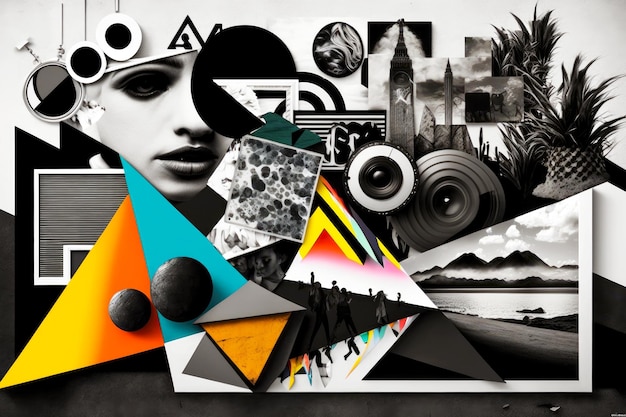 Multicolored pictures for wall design black white art paper collage created with generative ai