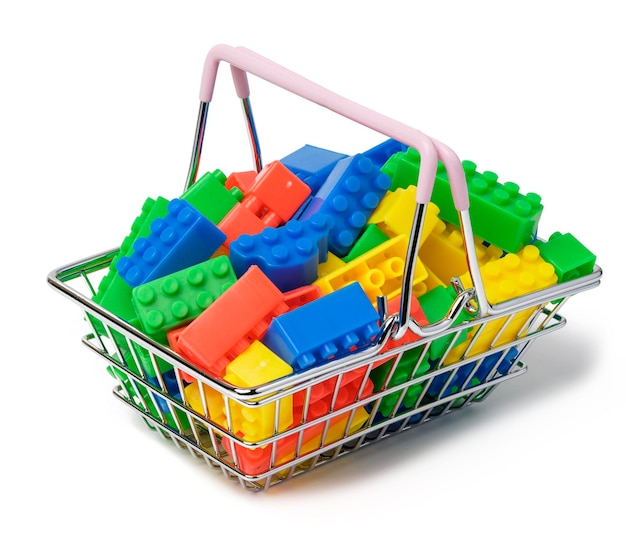 Multicolored plastic cubes of a children's designer on a white isolated background