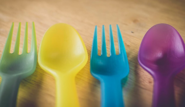 Multicolored plastic forks and spoonsenvironment concept idea\
save earth ban plastic