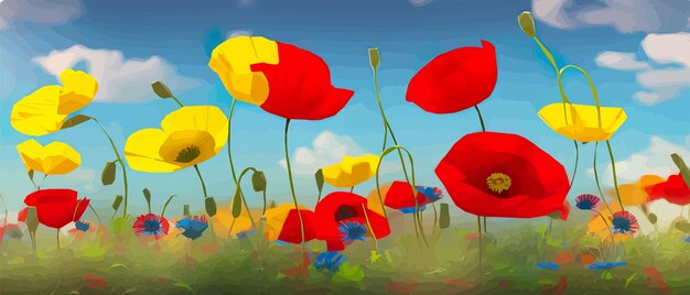 Multicolored poppy flowers in bloom in the grass close up banner vector illustration on blue sky background spring