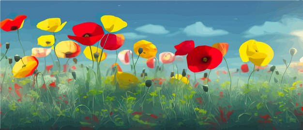 Multicolored poppy flowers in bloom in the grass close up banner vector illustration on blue sky background spring