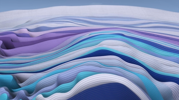 Multicolored ribbons sway in wavelike movements Fabric folds Blue white purple color Slow motion 3d illustration