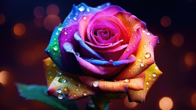 Photo a multicolored rose glistens with dew drops creating an exquisite and captivating floral scene