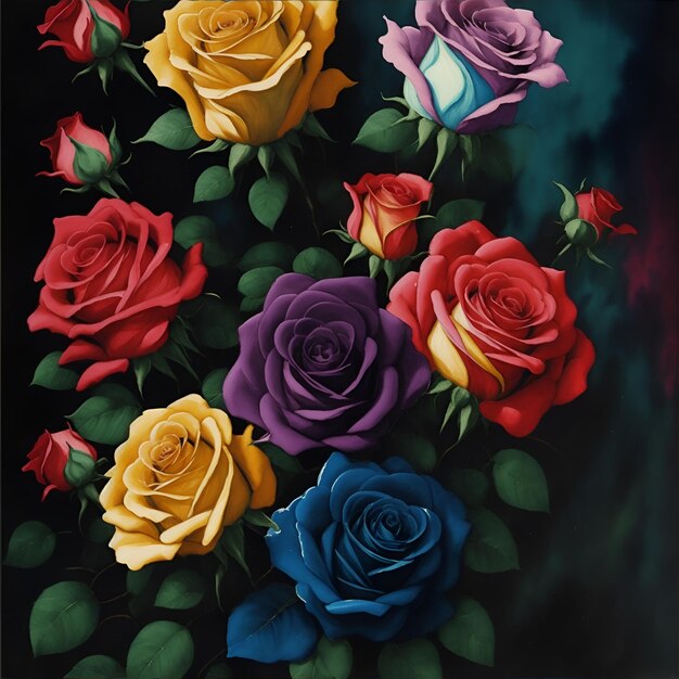 Photo multicolored roses ornament for fabric and packaging design generative ai