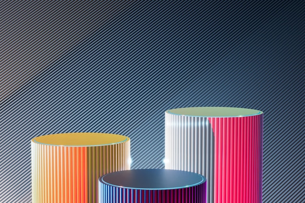 Multicolored round podiums for placing goods or text on a blue background copy paste 3D render