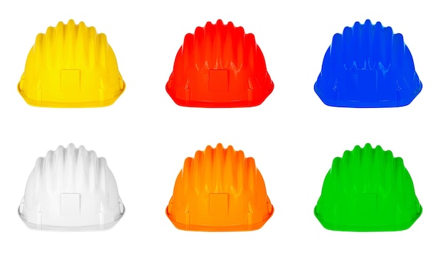 Multicolored safety construction worker hats isolated on white background