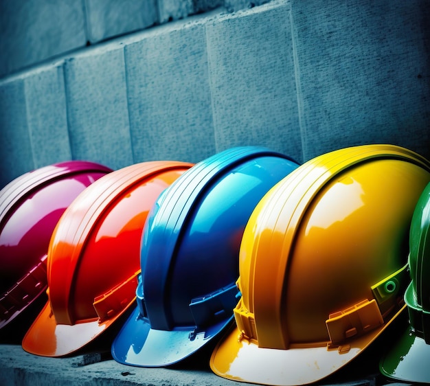 여러 가지 빛깔의 안전 건설 노동자 모자