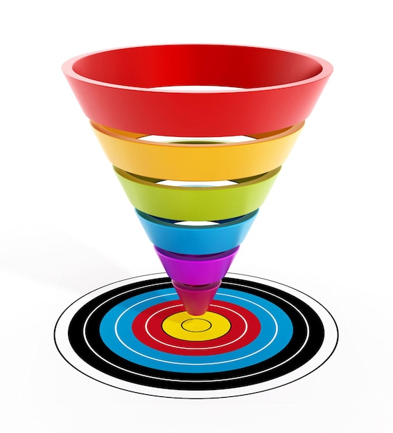 Photo multicolored sales funnel pointing the target center isolated on white