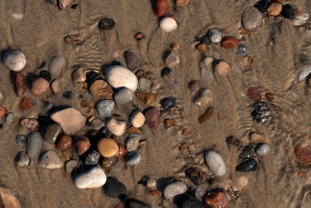Multicolored sea pebbles on sand through seawater Baltic Sea Curonian Spit Kaliningrad region Russia